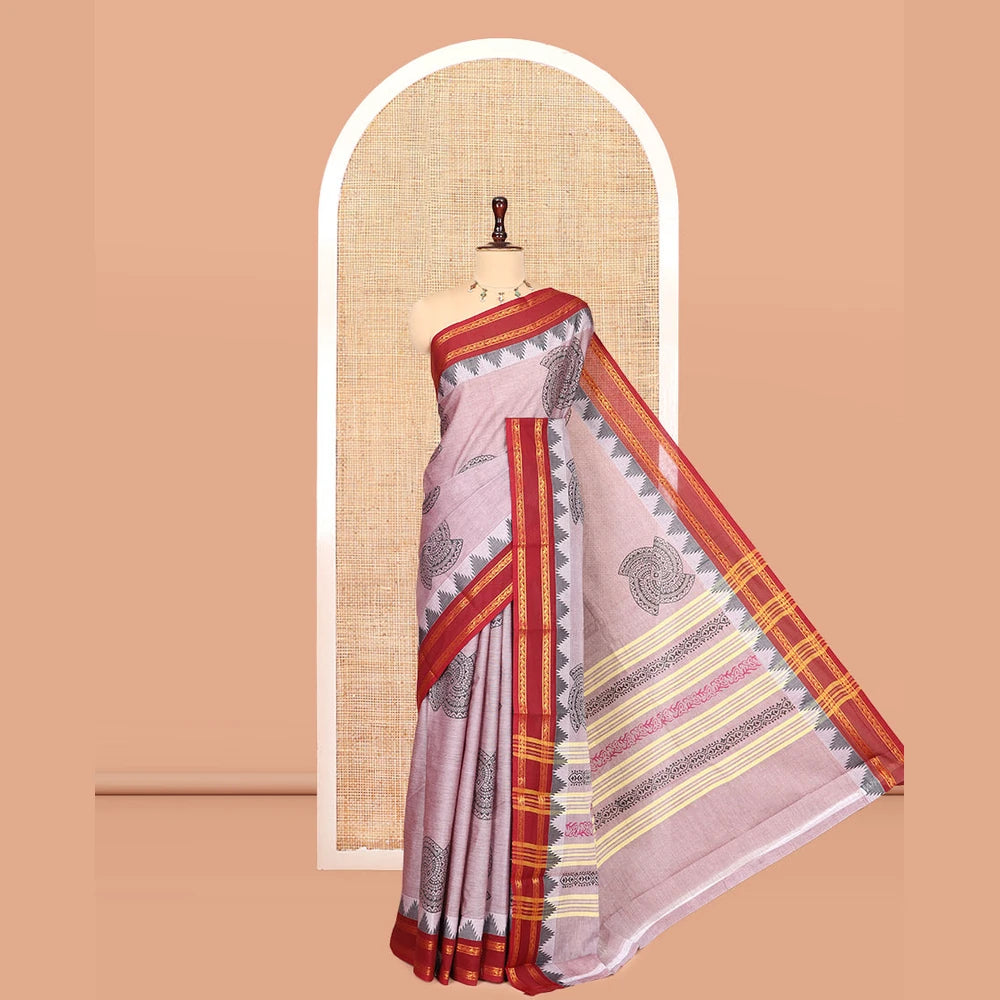 Pothys Dusky Pink Chettinad Cotton Saree, Adorned with Geometric Buttas, a Contrast Ganga-Jamuna Traditional Border, No Blouse